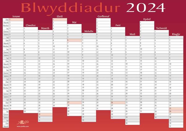 Blwyddiadur Wal 2024 Wall Planner